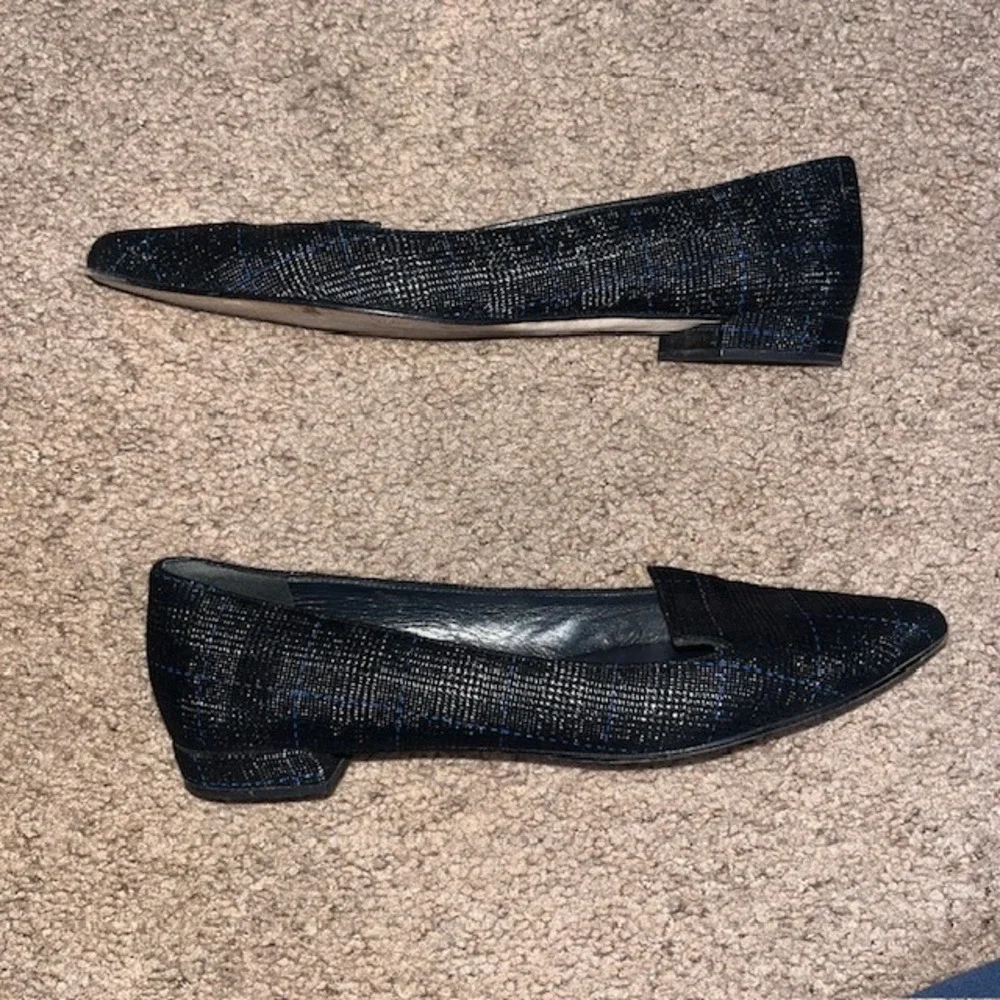 Stuart Weitzman Rialto Pointed Toe‎ Heeled Flat Plaid Metallic Black Blue 7